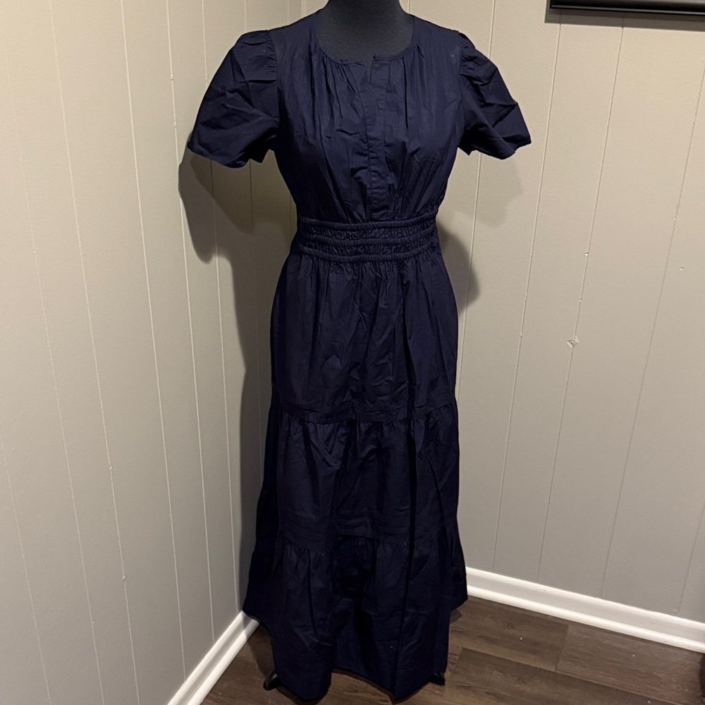 B19 Quince Puff Sleeve Smocked Waist Modest Dark Navy Blue Maxi Dress